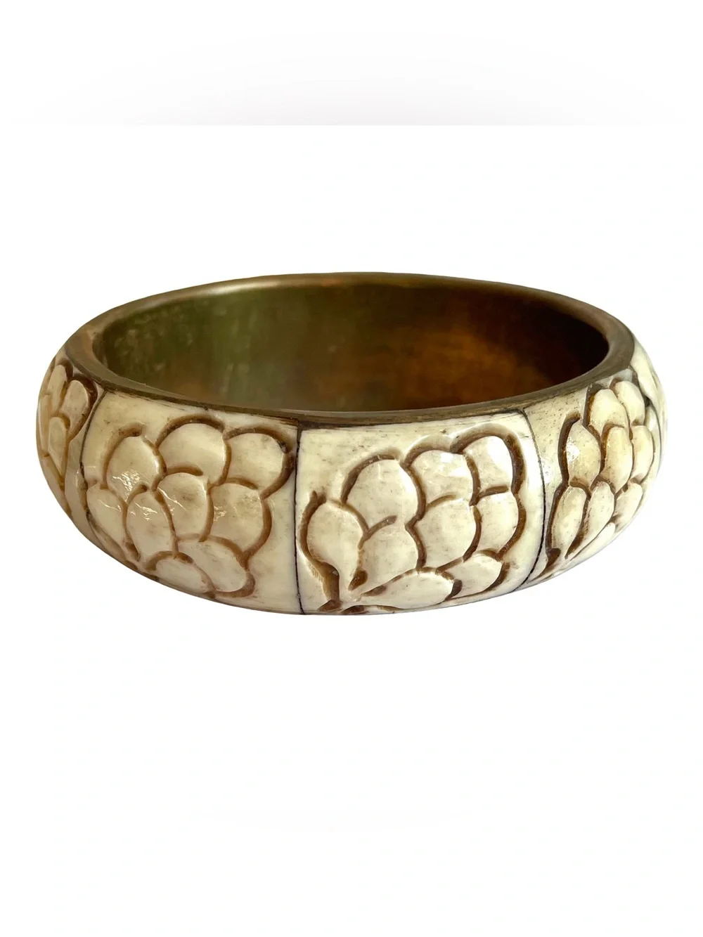 Vintage Carved Bone And Brass Bangle Bracelet